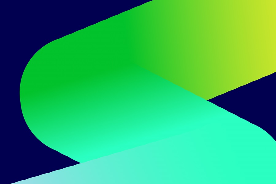 Abstract graphic with a flowing shape in shades of yellow, green, and blue on a dark blue background.