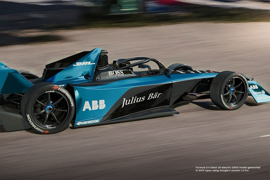 Blue and black race car with the credit: Formula E’s latest all-electric GEN3 model generated in WPP Open using Google’s Gemini 1.5 Pro