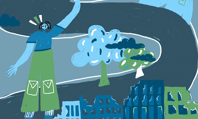 Illustration of person, buildings that have been damaged and trees all in blue, green and grey 