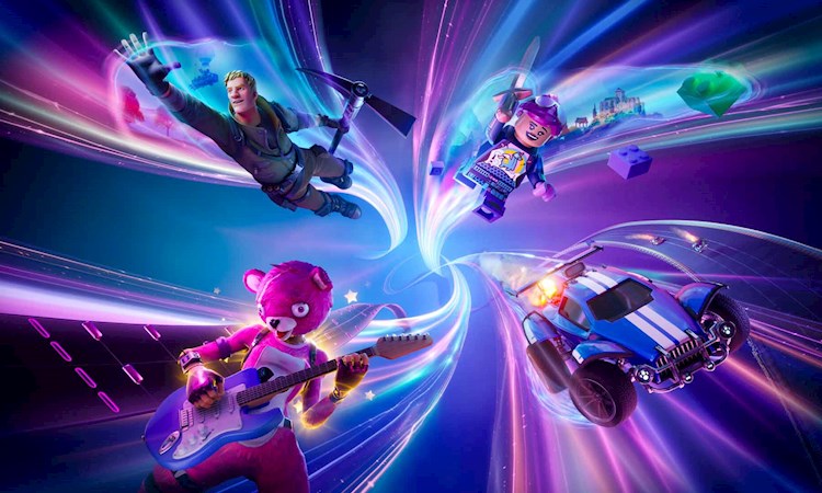 Four animated characters engaged in dynamic actions with colourful light beams against a dark background, involving flying, playing guitar, and racing.