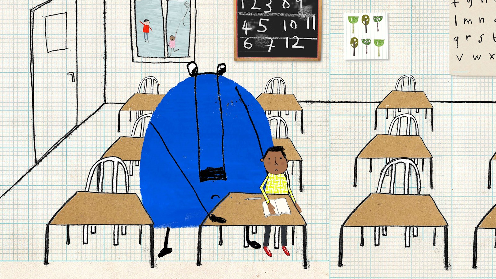Animation of blue monster and child in a classroom