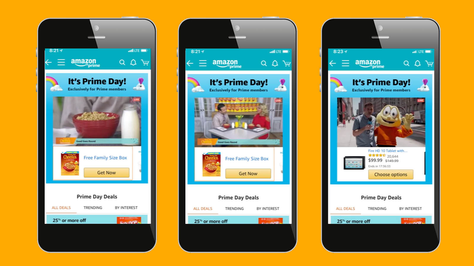 Three mobile phones showing Cheerios Prime Day Hack