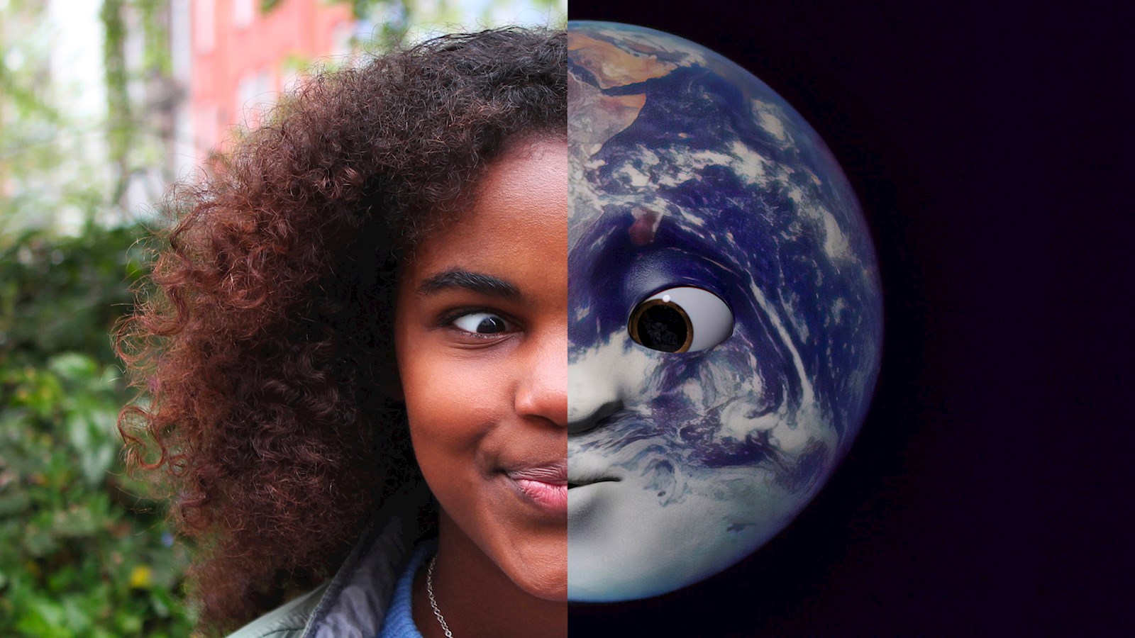 Half of the image is of a girls face and the other half is of the world with a face