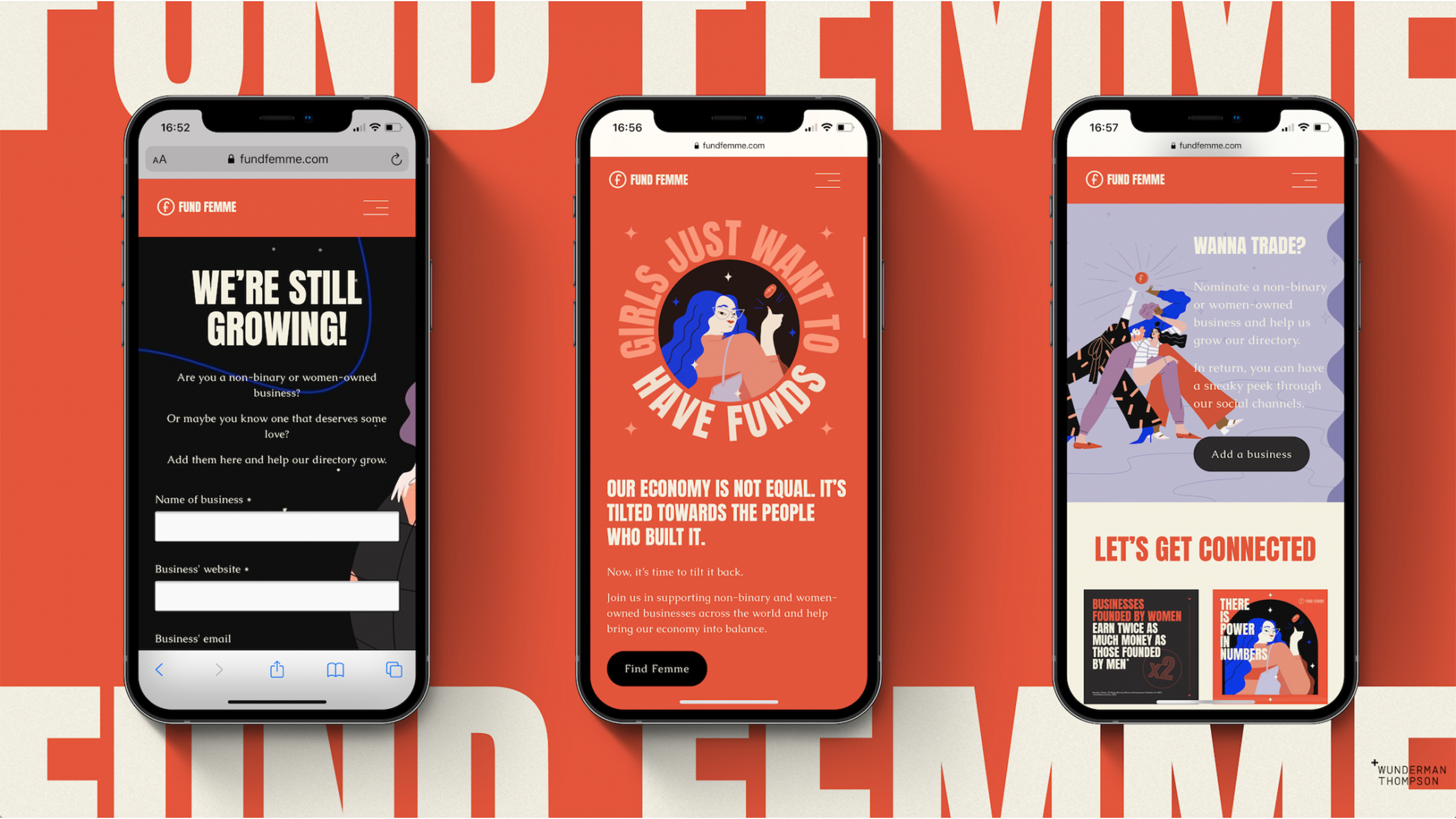 Screenshots of the Fund Femme platform