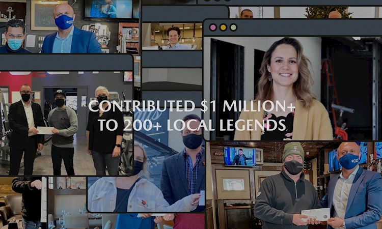Montage of small business owners being presented financial support by Mazda with the words 'Contributed $1m to 200+ local legends' across the image