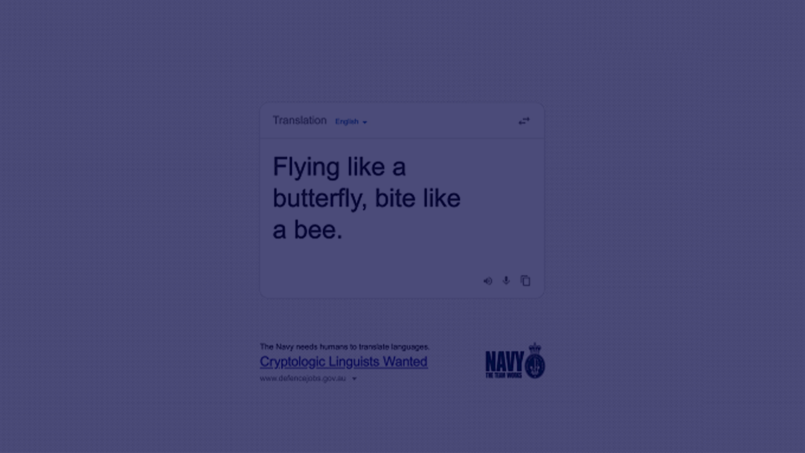 Screen of Google translate with text "flying like a butterfly, bite like aa bee"