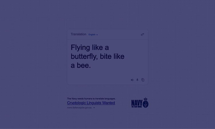 Screen of Google translate with text "flying like a butterfly, bite like aa bee"