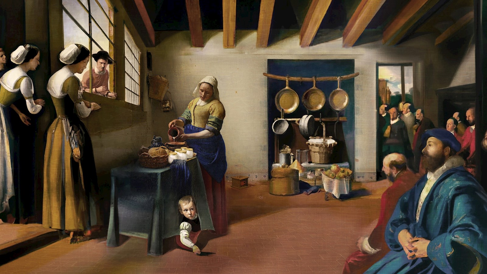 AI generated image the shows a scene beyond Vermeer's painting, the Milkmaid