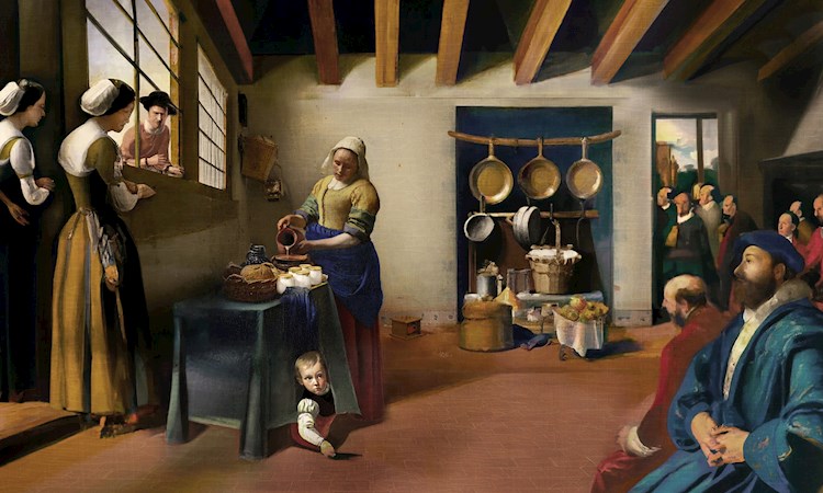 AI generated image the shows a scene beyond Vermeer's painting, the Milkmaid
