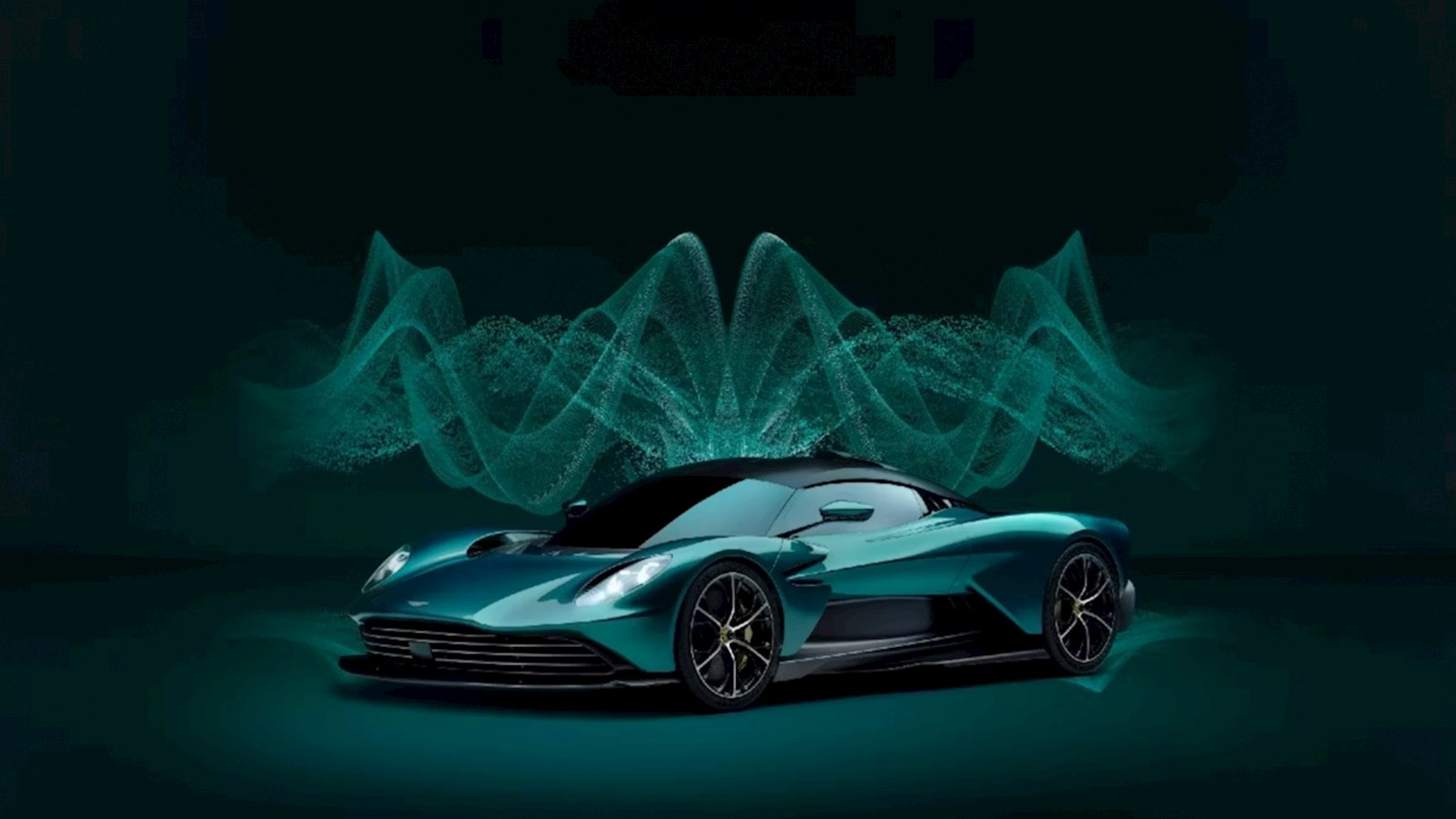 Green Aston Martin Valkyirie car on a green background with glowing green and pulsating visualisations in the background