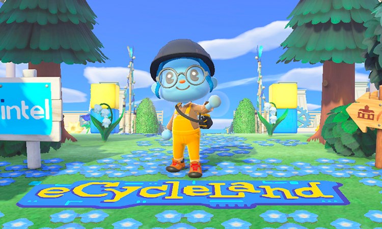 Still image of the entrance to eCycleLand in Animal Crossing
