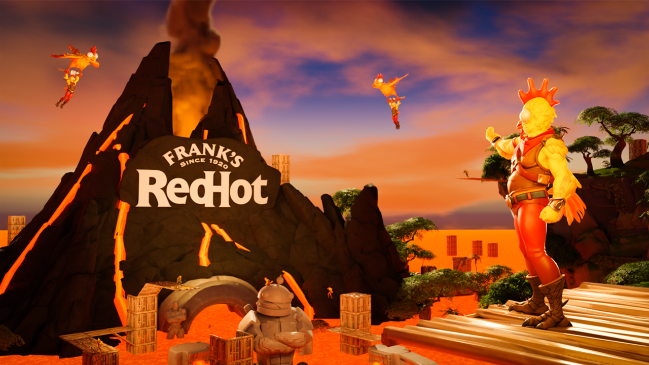 Image of Frank's RedHot sauce collaboration with Fortnite. Featuring chicken character and volcano  