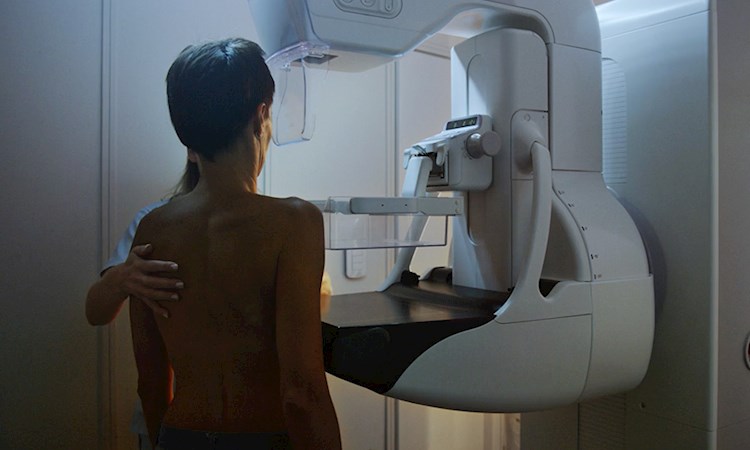Female getting a mammogram with a nurse