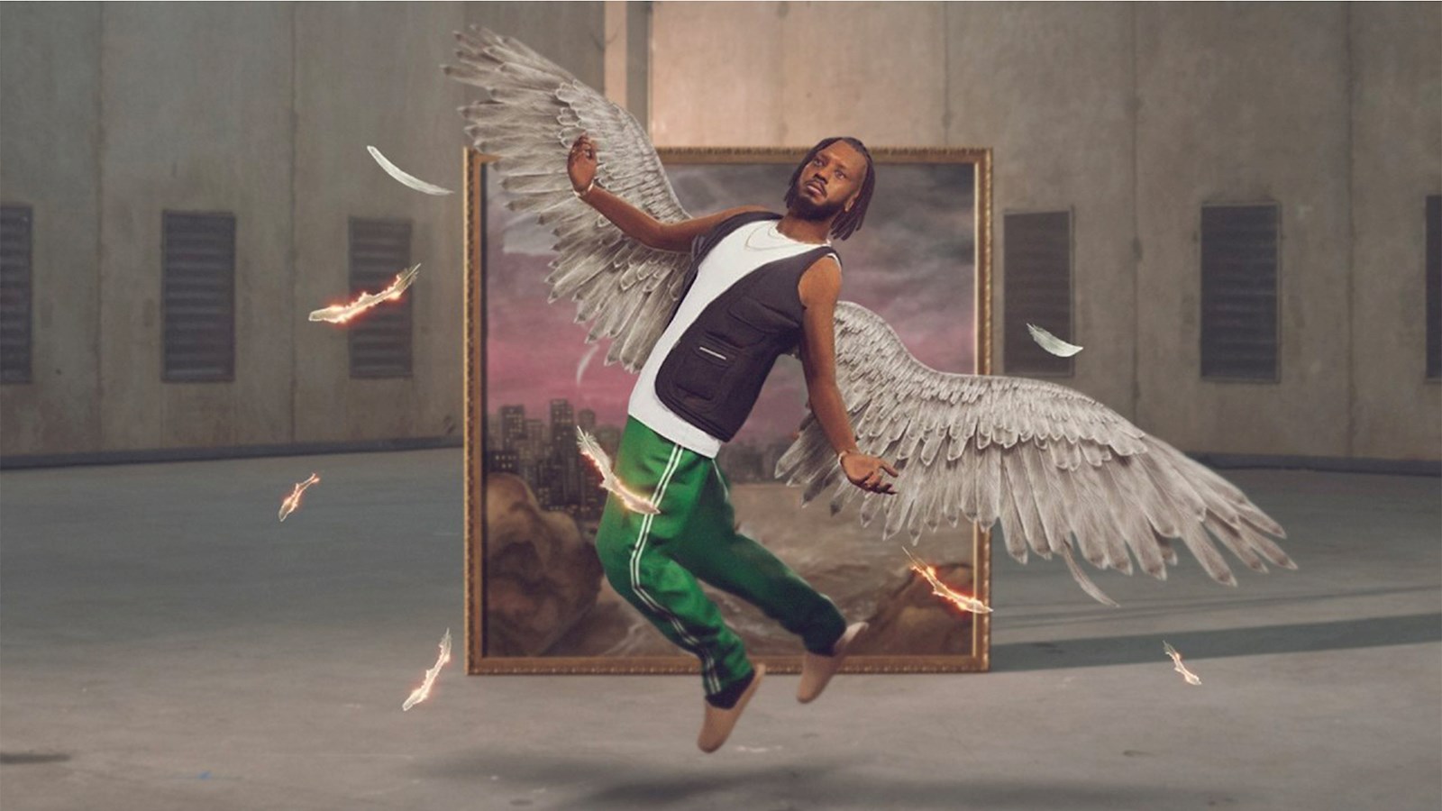 Abebe Bikila as Icarus coming out of an oil painting