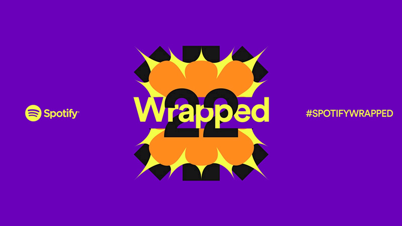 Spotify Wrapped 2022 in logo in bright yellow and orange on a bright purple background