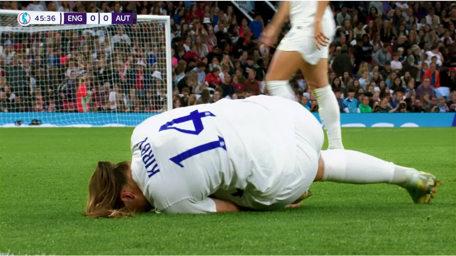 England Women's football player Fran Kirkby on the ground after being injured
