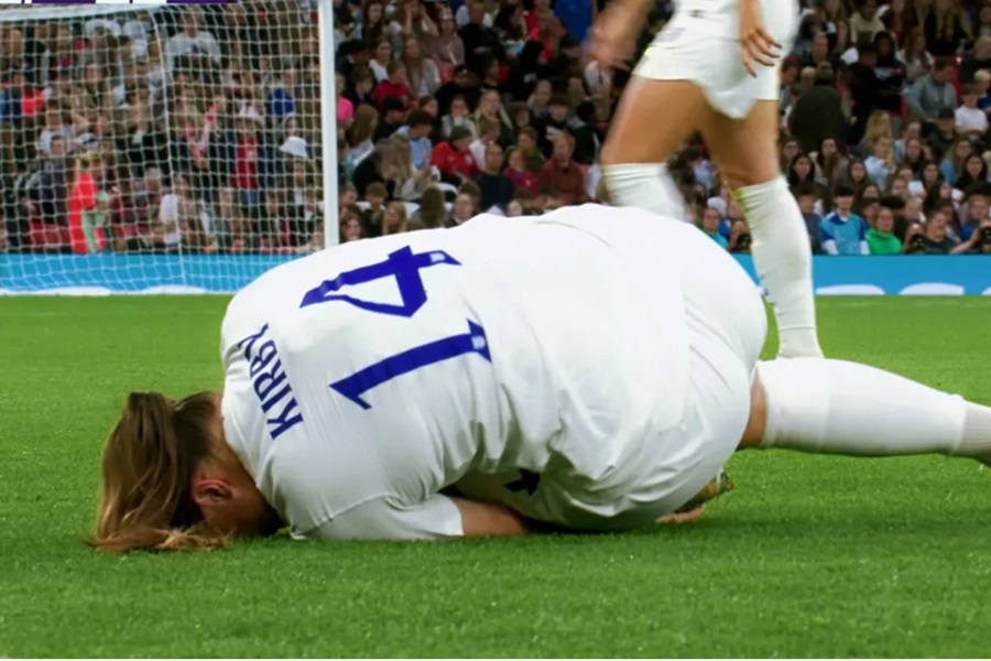 England Women's football player Fran Kirkby on the ground after being injured