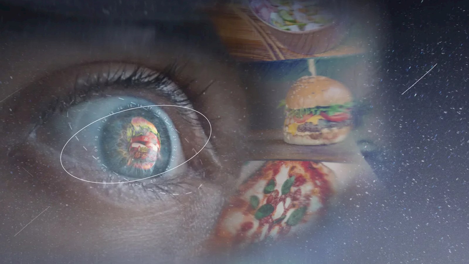 An eye looking at a universe filled with food