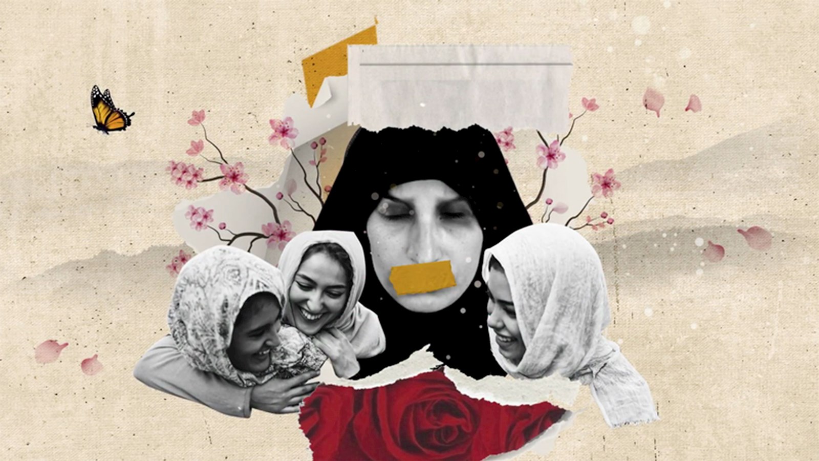Collage of women in Iran with butterflies, text and blossom