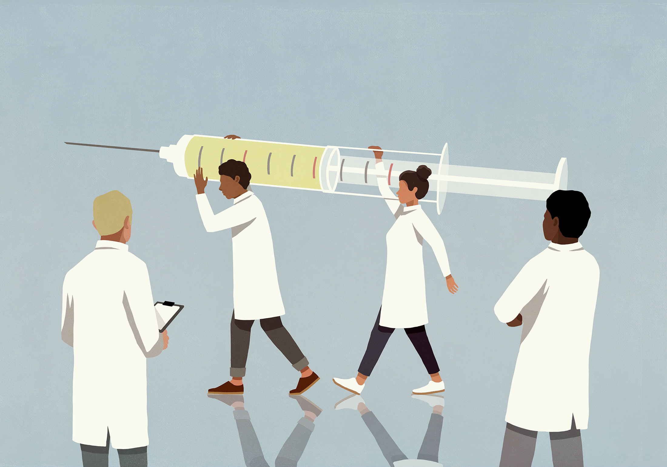 Doctors carrying large Covid vaccine syringe - illustrated