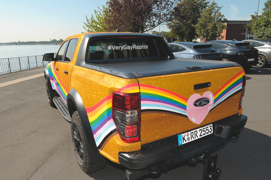 Photograph of Ford's rainbow printed vehicle