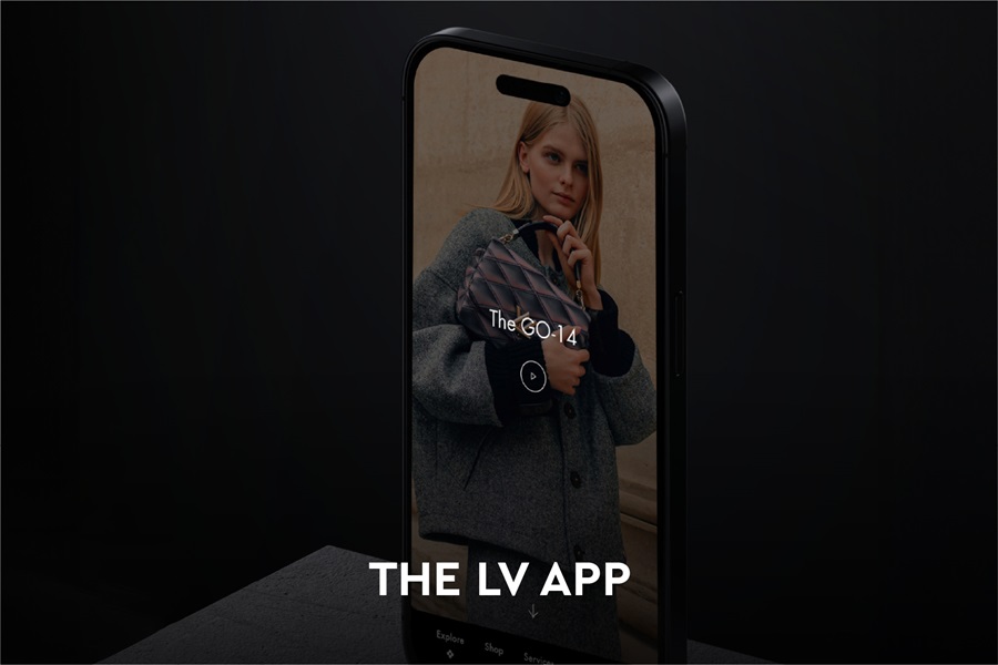 A phone screen showing the LV app on a dark background and text 'The LV App'