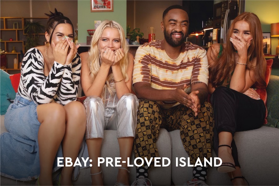 Four people sitting on a sofa and text 'eBay: Pre-loved Island'