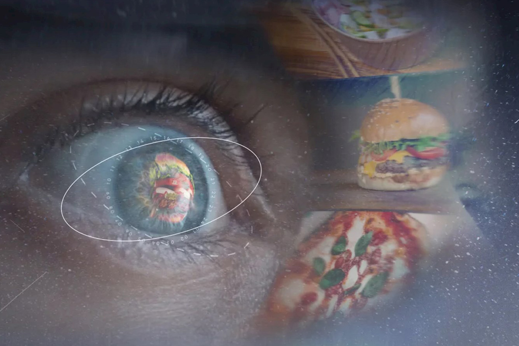 Close up of an eye reflecting  a pizza and burger in space