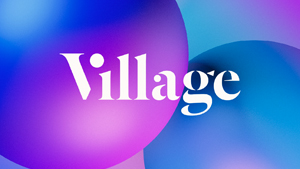 Village Marketing logo overlaid on blue and pink graphic background