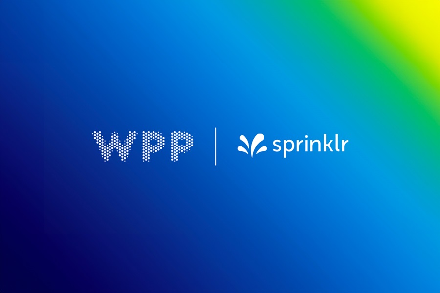 WPP logo next to Sprinklr logo on a blue gradient background