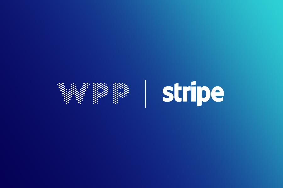 WPP logo next to Stripe logo on blue gradient background
