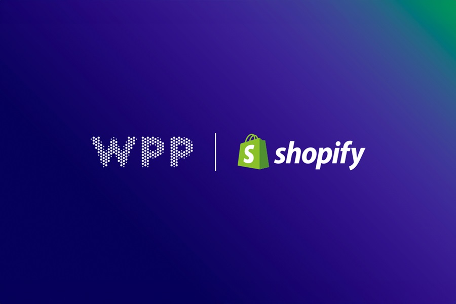 WPP and Shopify logo lock up with purple gradient background