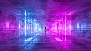 Woman walking through room with purple lights 