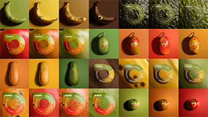 Variety of fruit with life extending stickers 