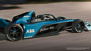 Blue and black race car with the credit: Formula E’s latest all-electric GEN3 model generated in WPP Open using Google’s Gemini 1.5 Pro