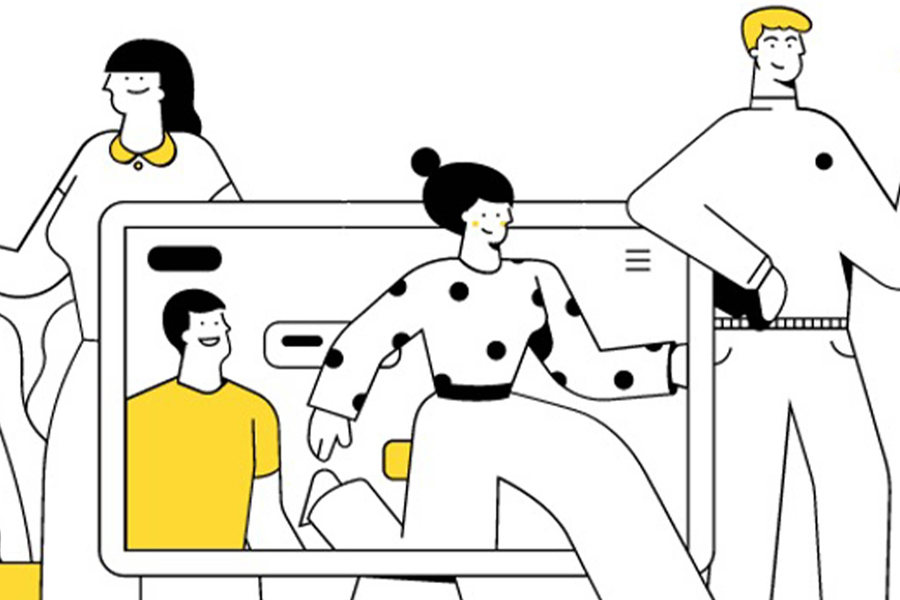 Illustration of four people climbing out of computer screen