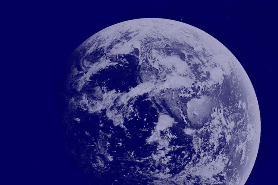 Dark blue background with white outline of the earth