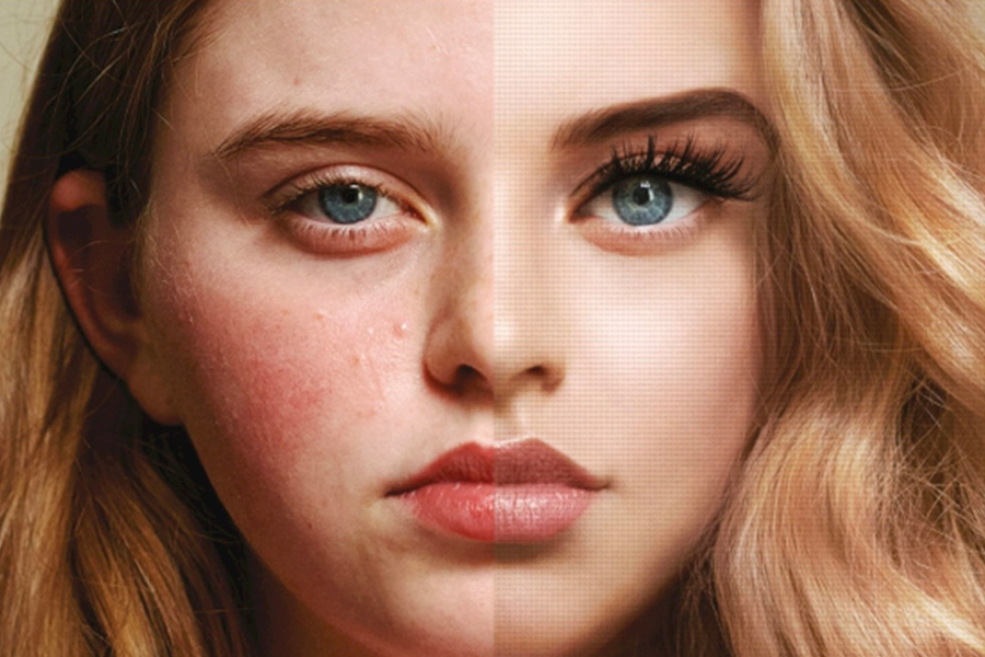 Image of a girl's face with one half retouched and the other natural
