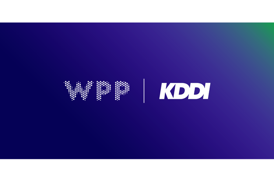 WPP and KDDI logo lock up in white on a dark navy and purple background