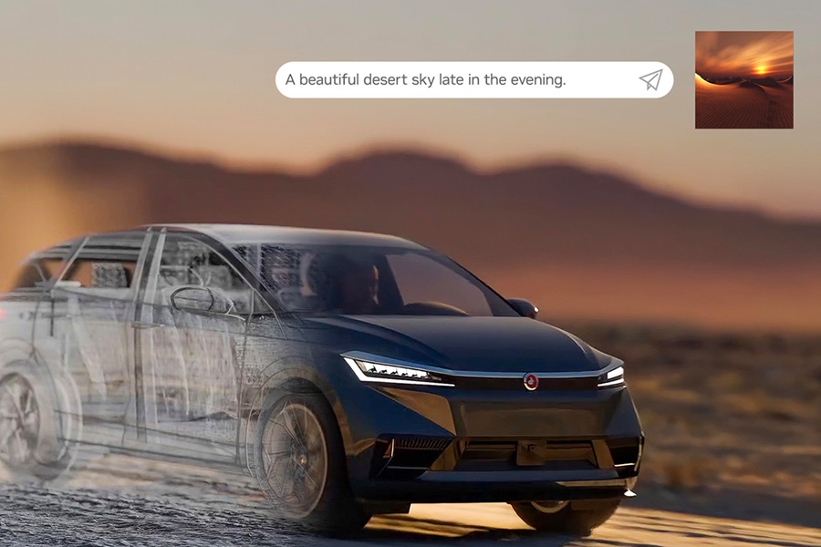 AI image of a car driving through the desert