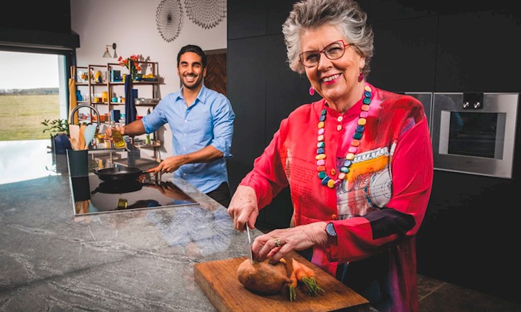 Image of Prue Leith and NHS GP and food expert Dr Rupy Aujla in a kitchen