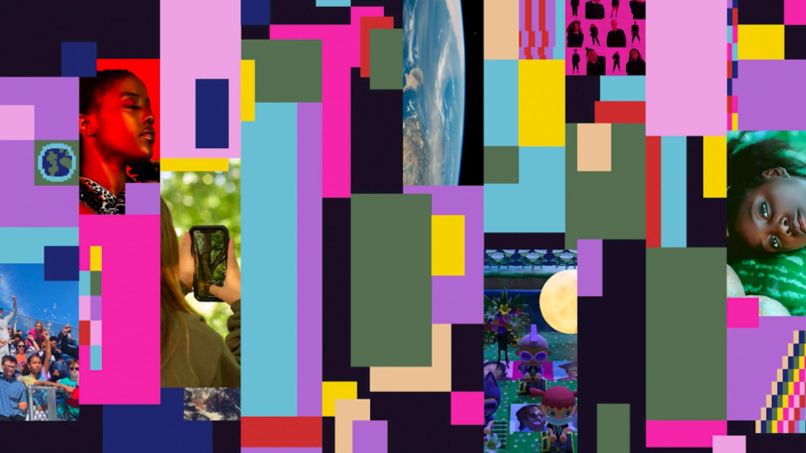 Multicoloured square image with squares of people in
