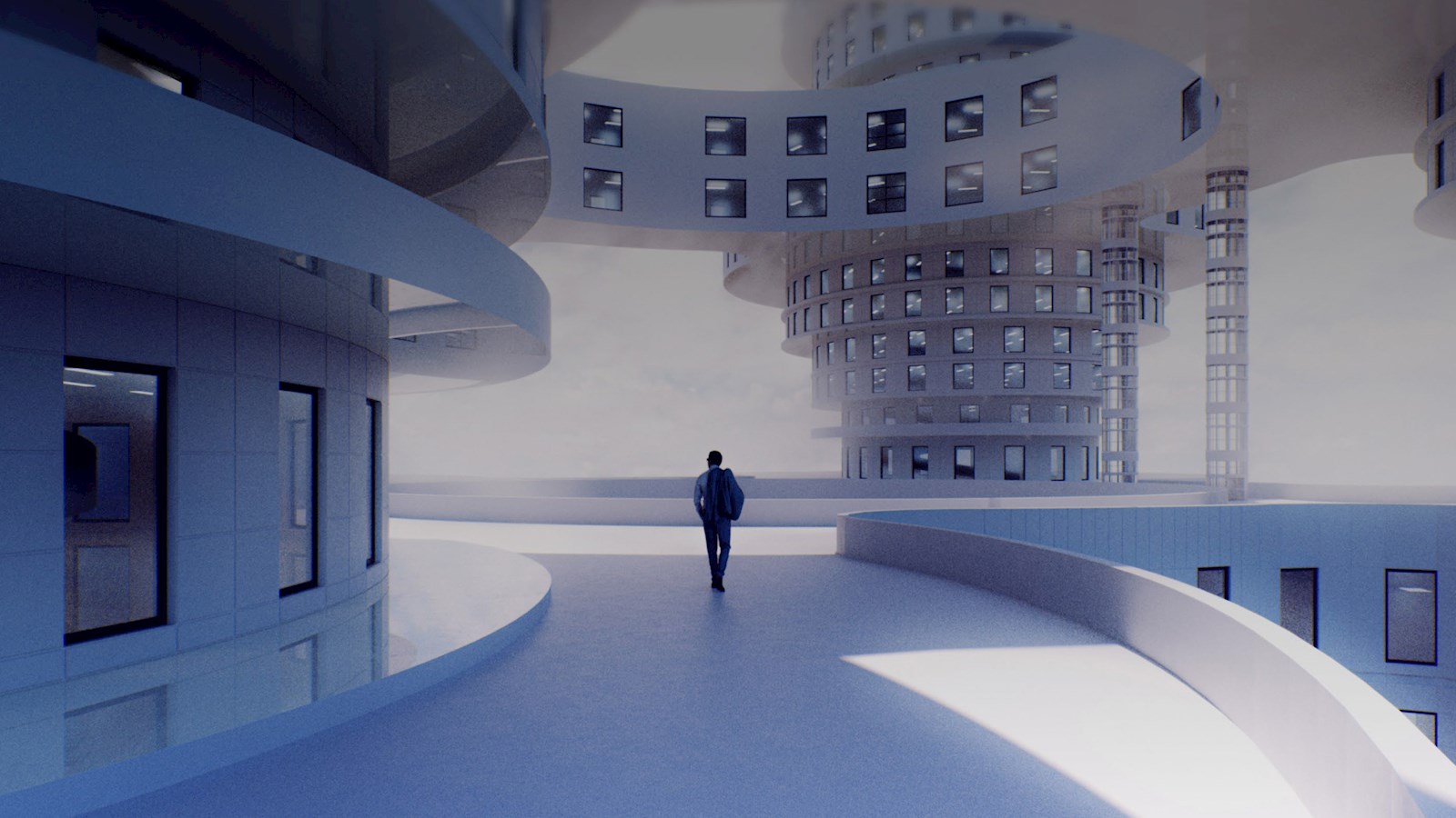 Man walking by futuristic office buildings 