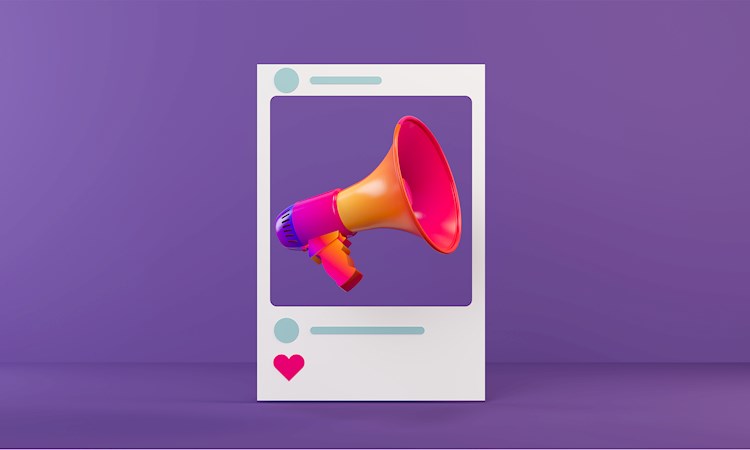 Megaphone Social Media Concept on purple background 