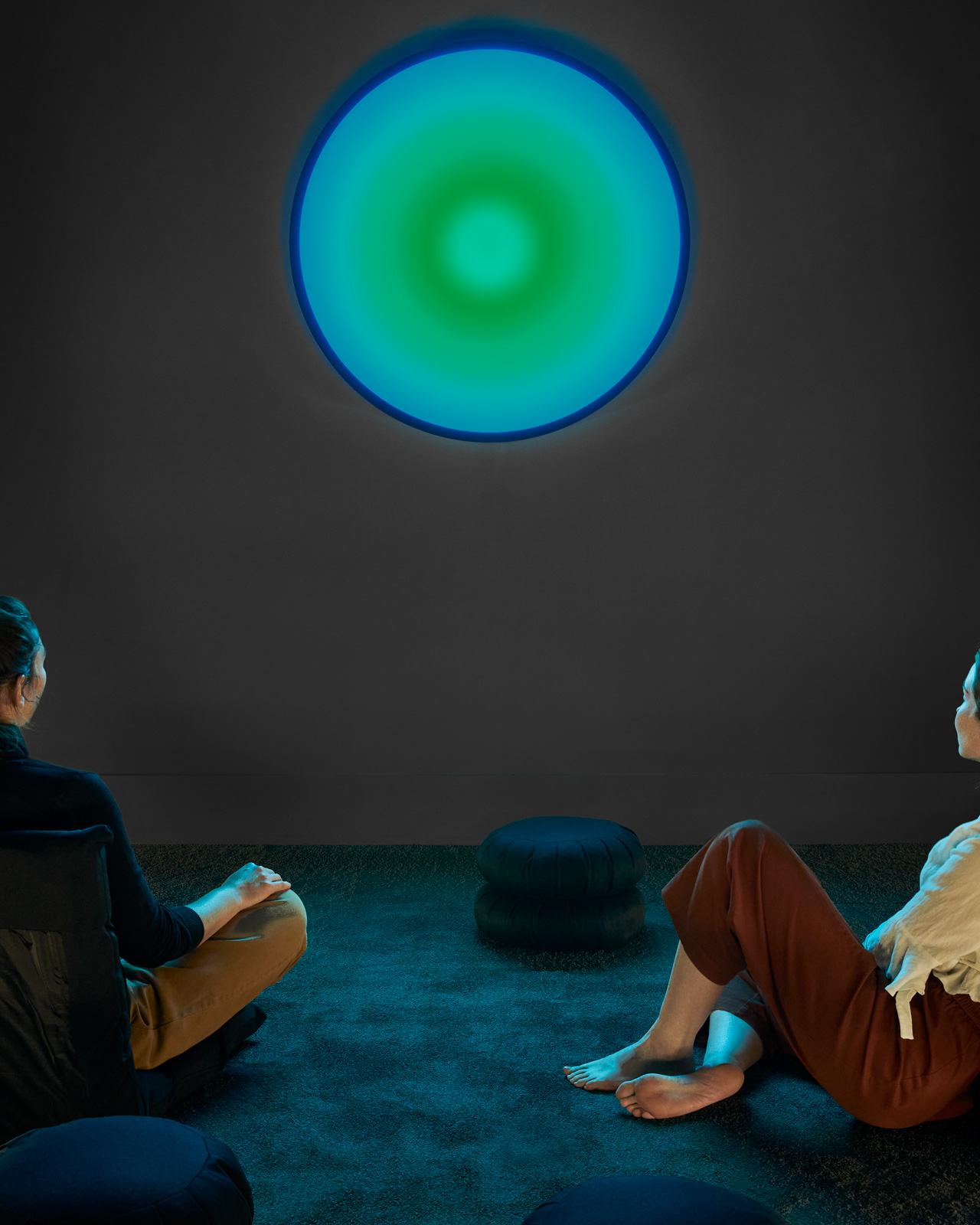 Two people sitting on the floor watching a screen showing a green light