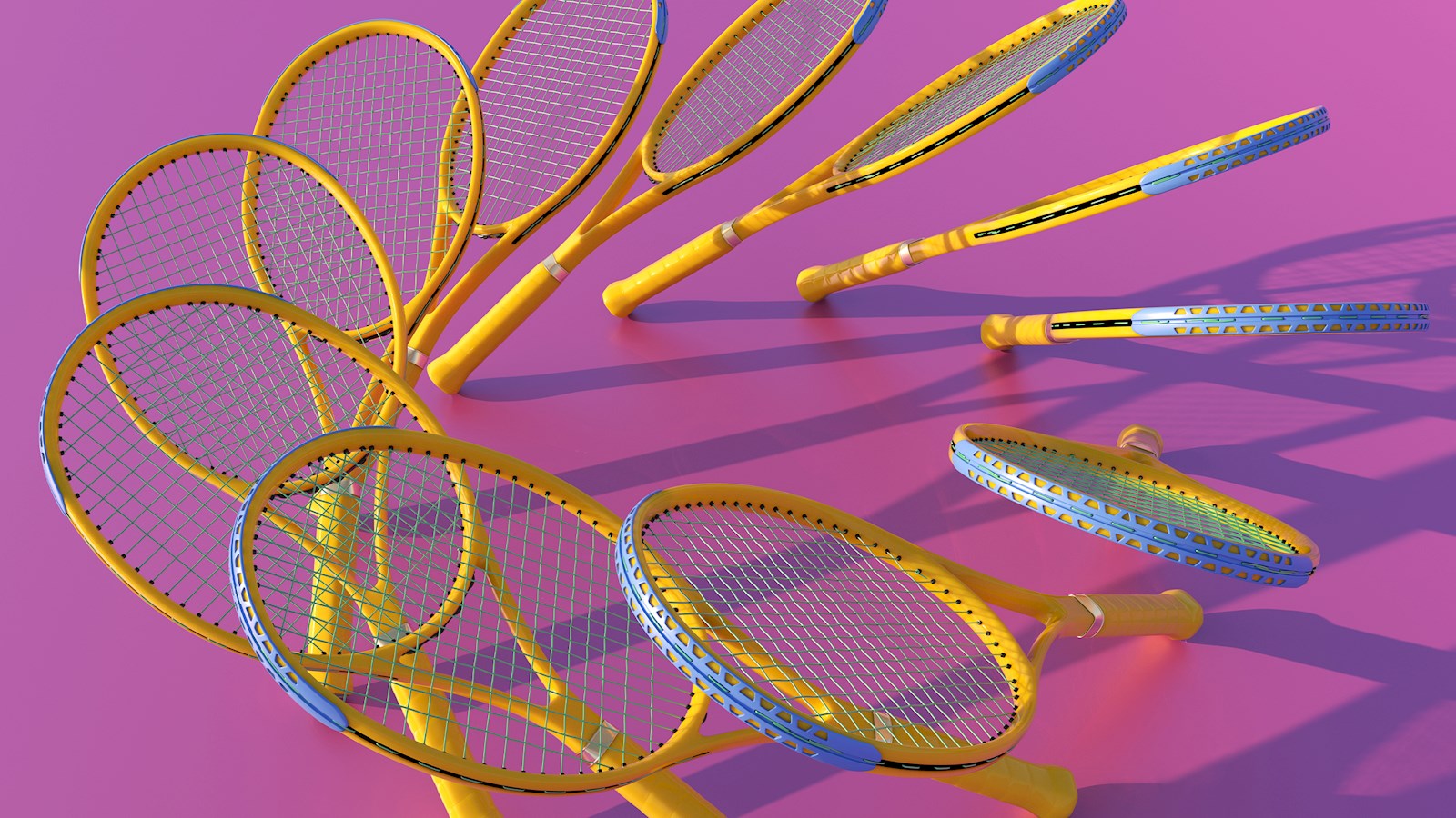 Clones of yellow tennis rackets forming circle on pink background 