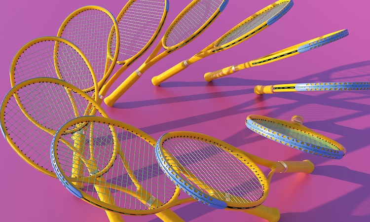 Clones of yellow tennis rackets forming circle on pink background 