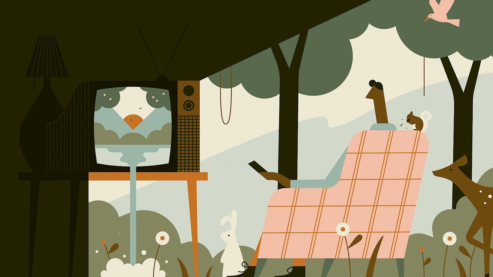 Illustration of person watching television. The light of the television casts an image of a greener future.