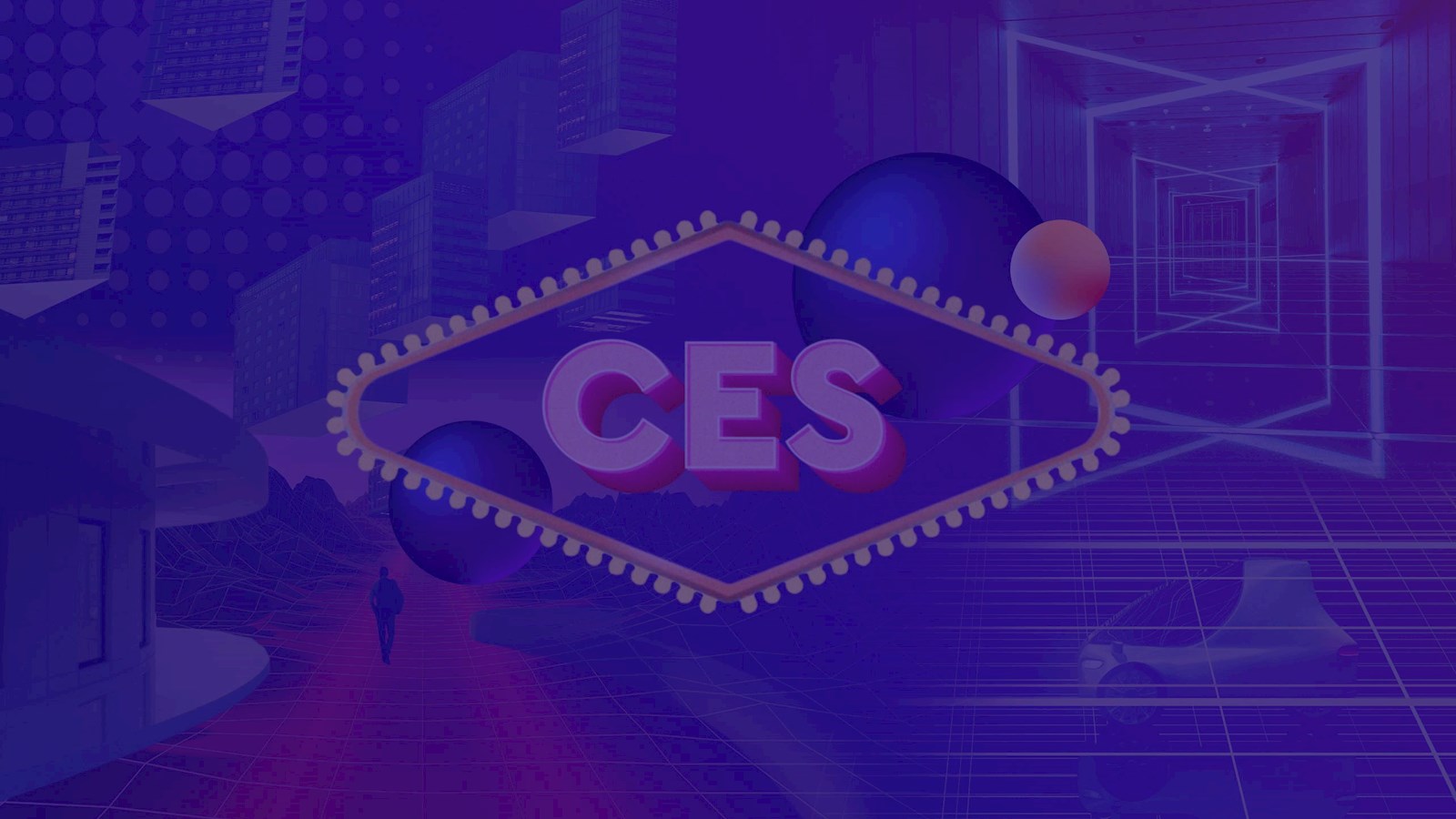 Text "CES" overlaid on a background of future-facing technology
