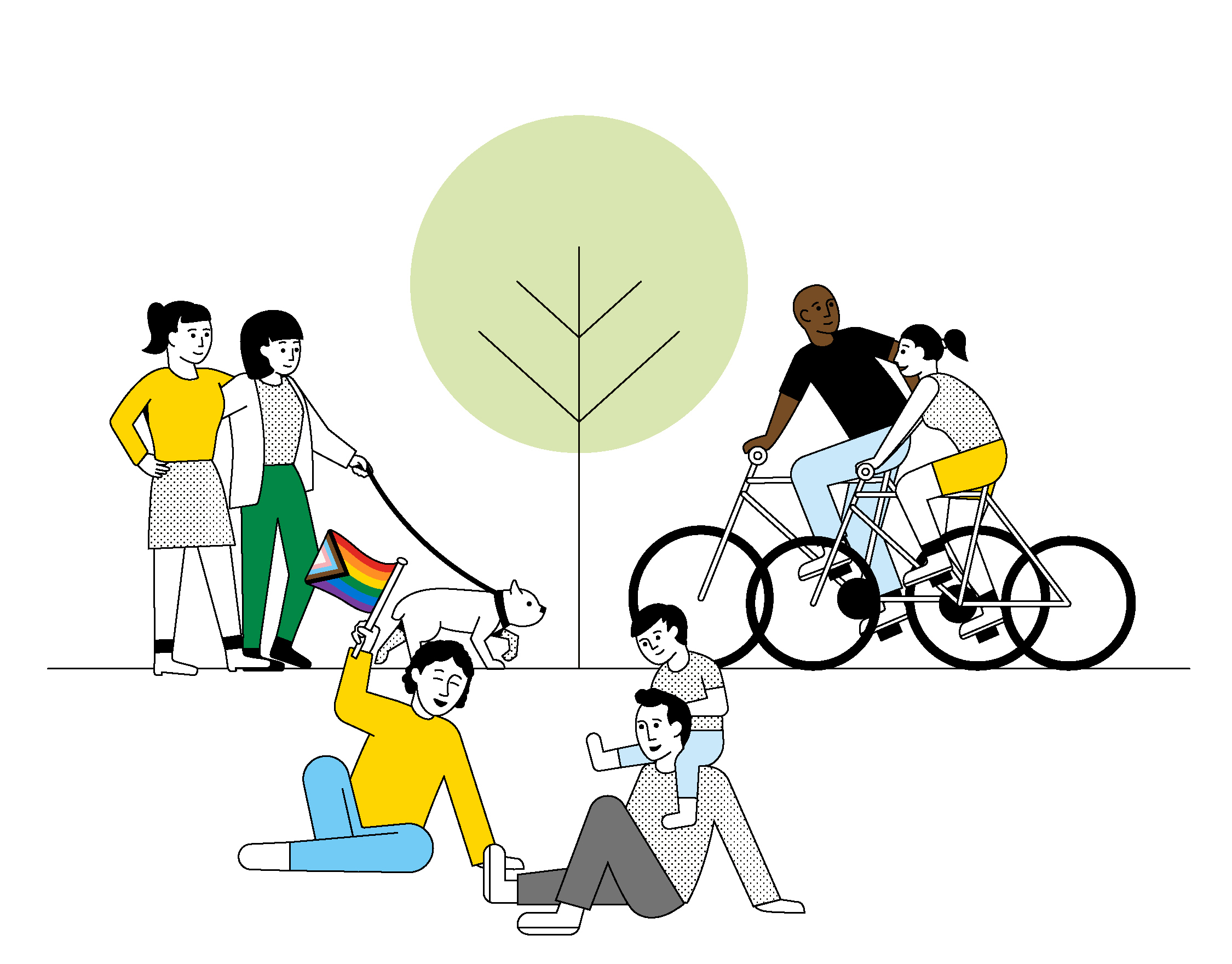 Illustration of people walking dog, riding bikes and waving LGBTQ+ flag